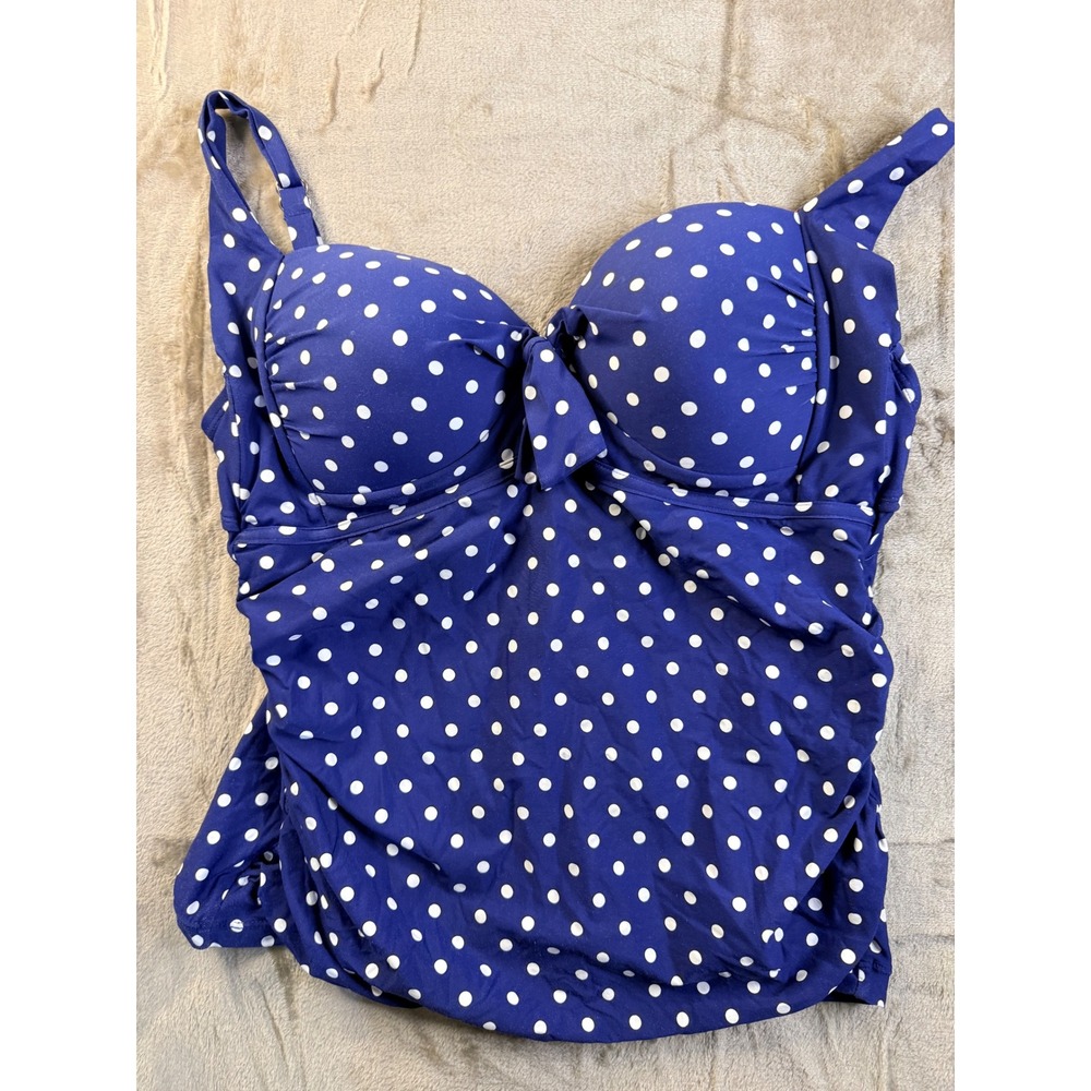 90s Liz Claiborne Blue White Polka Dot Tankini Swim Top Ruched Sweetheart Size M